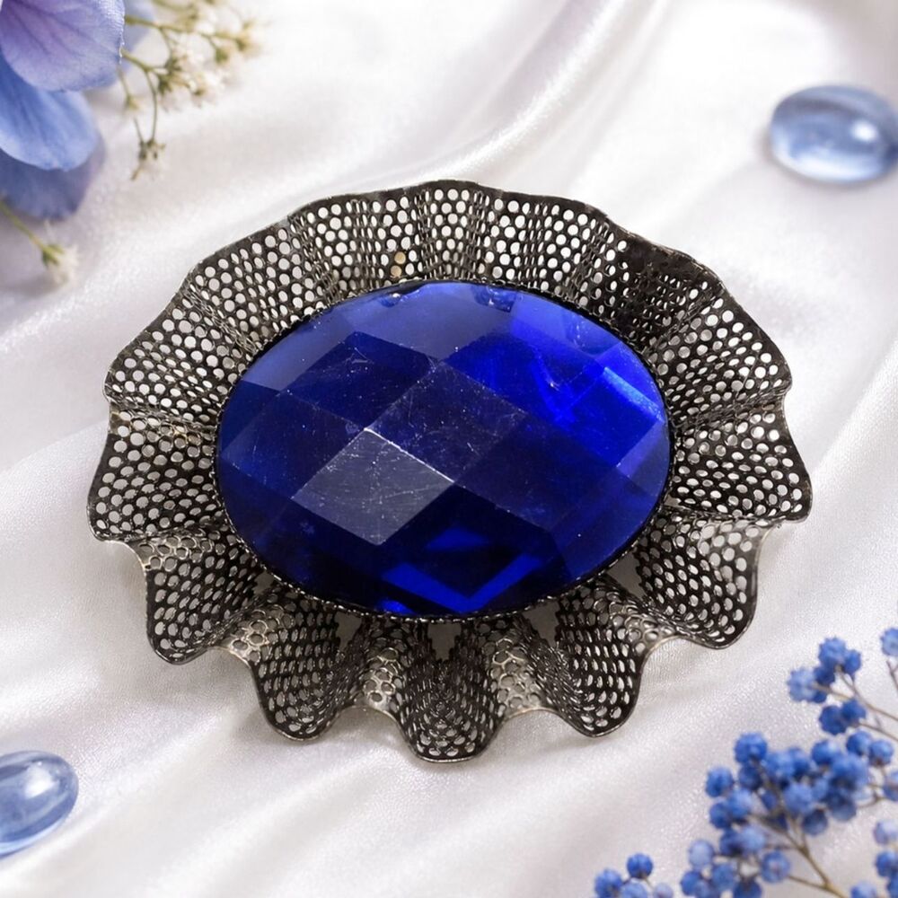 Vintage Gunmetal Cobalt Blue Faceted Rhinestone Statement Brooch Pin